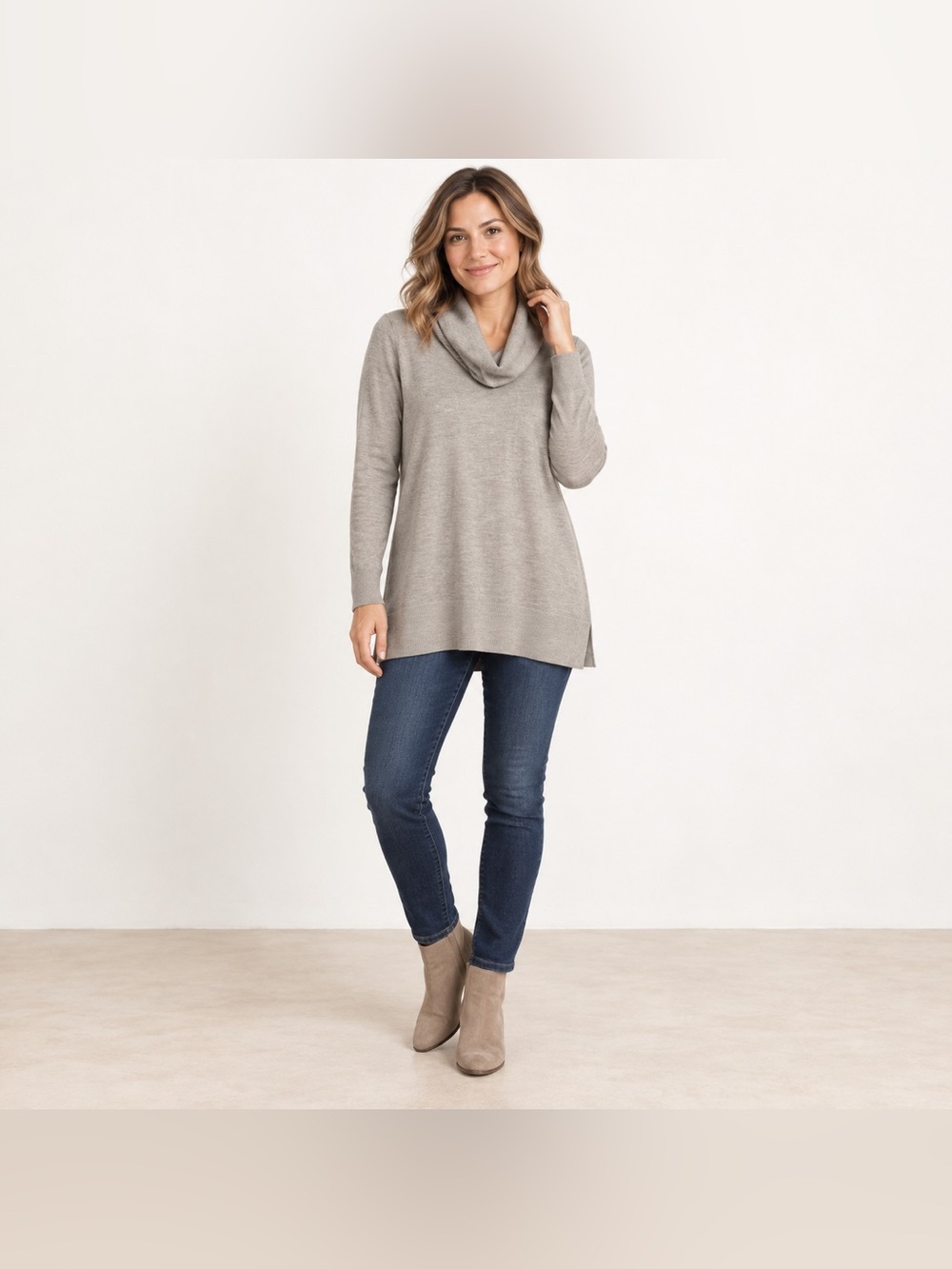 Ann Taylor Loft | Light Taupe Cowl Neck Tunic Sweater| Medium Petite
